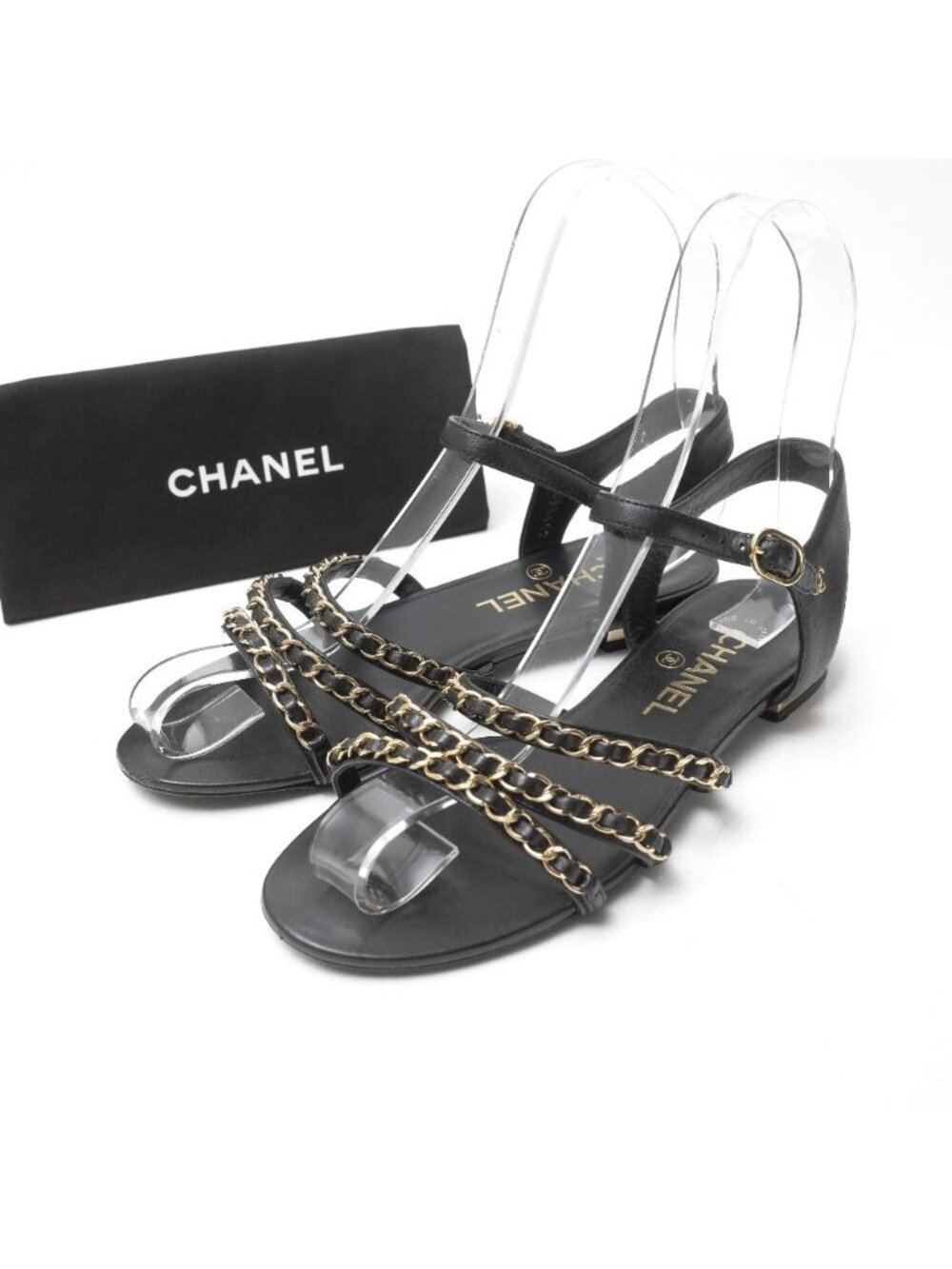 Chanel Sandals CC Logo Gold Chain Ankle Strap Flats